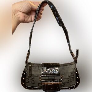 Guess Black Faux-Patent Leather and Fabric Shoulder Bag early 2000’s
